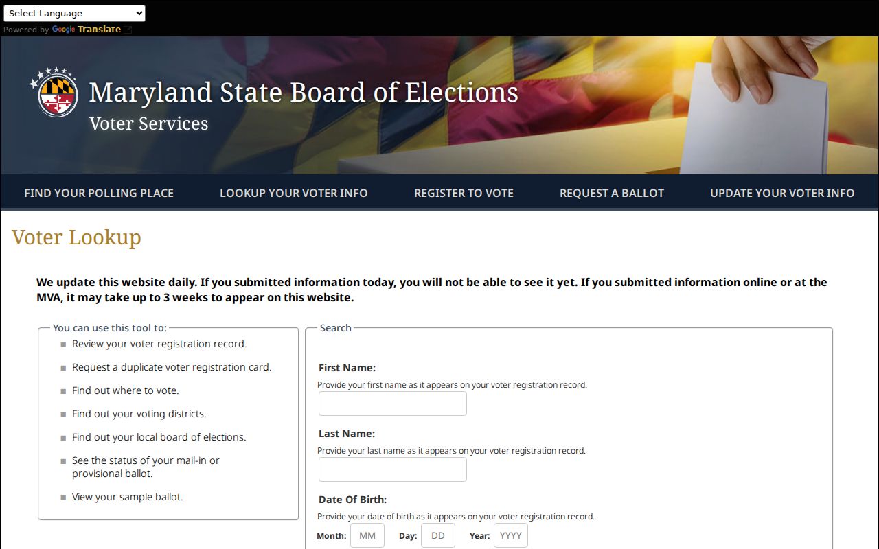 Crofton voter registration records lookup fields
